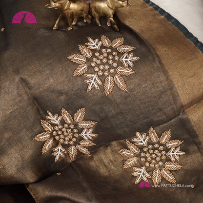 Charcoal Greyish Black Organic Tissue Linen Saree with Hand Embroidery