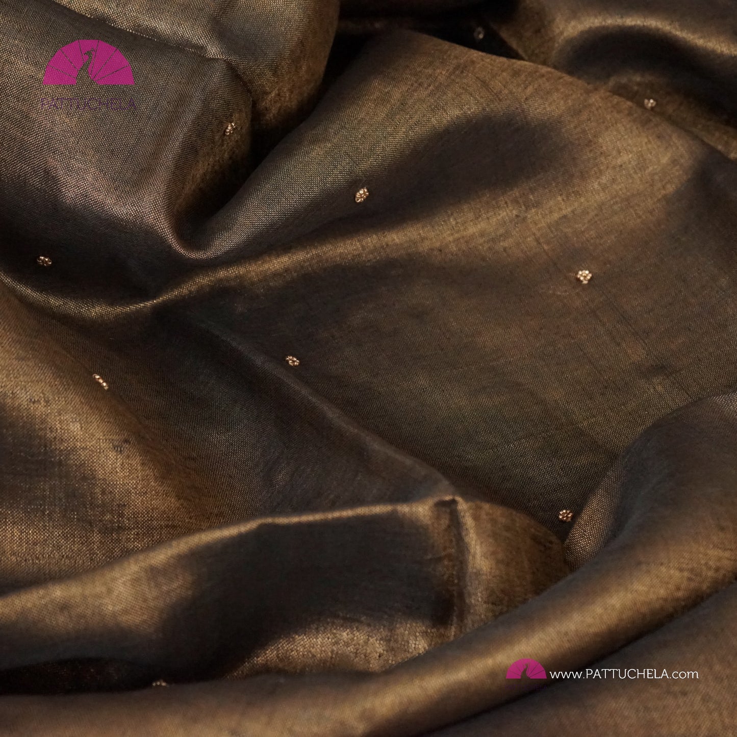 Charcoal Greyish Black Organic Tissue Linen Saree with Hand Embroidery