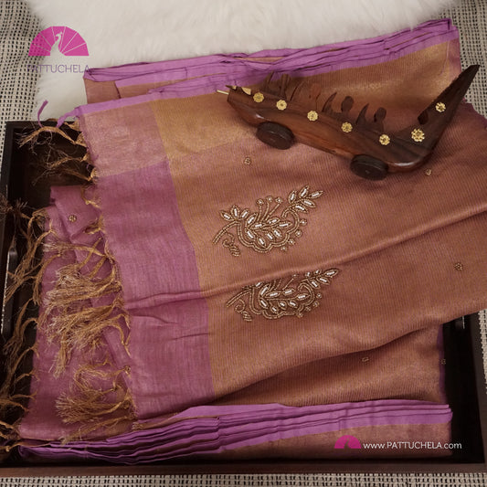 Organic Tissue Linen Saree in Pastel Lavender Color with Hand Embroidery