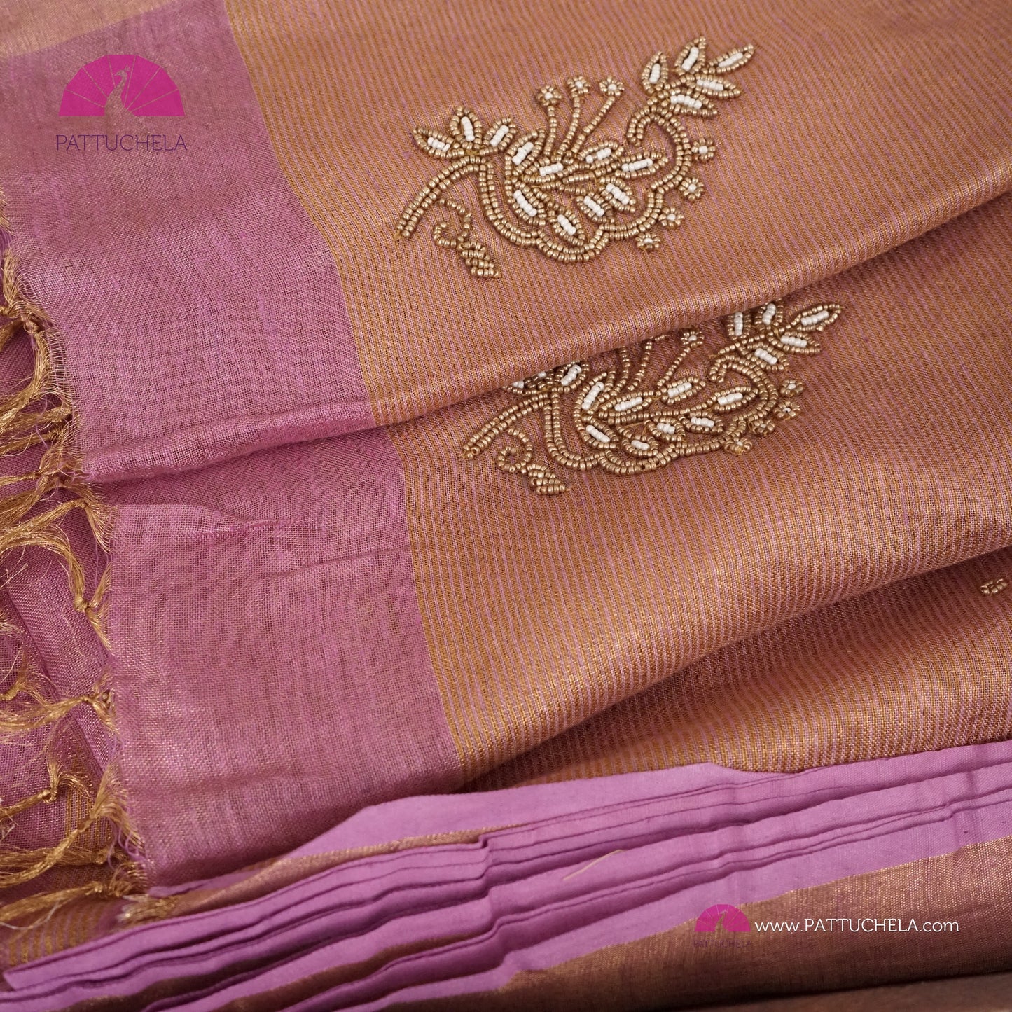 Organic Tissue Linen Saree in Pastel Lavender Color with Hand Embroidery