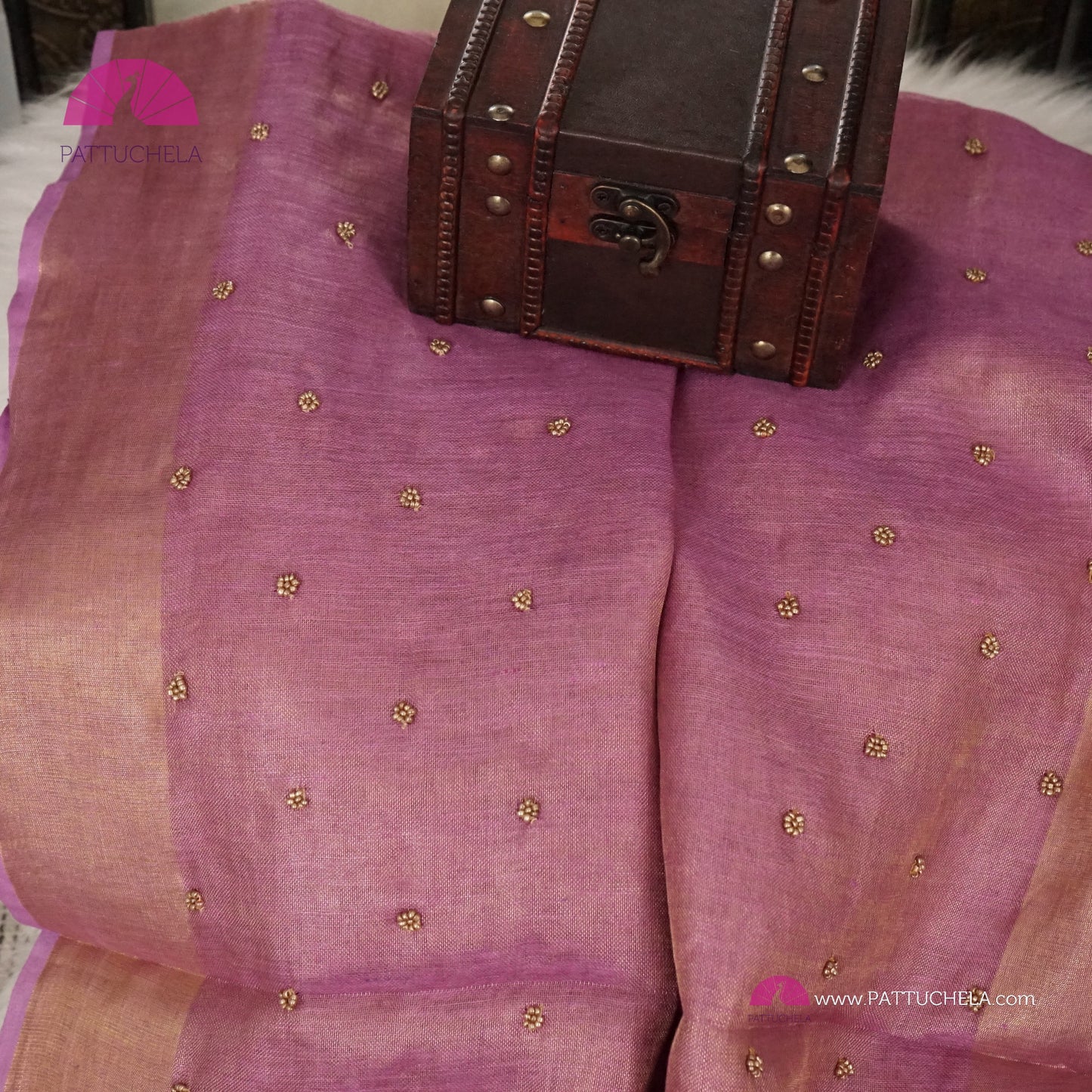 Organic Tissue Linen Saree in Pastel Lavender Color with Hand Embroidery