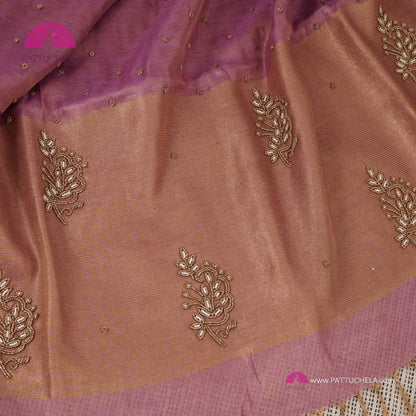 Organic Tissue Linen Saree in Pastel Lavender Color with Hand Embroidery