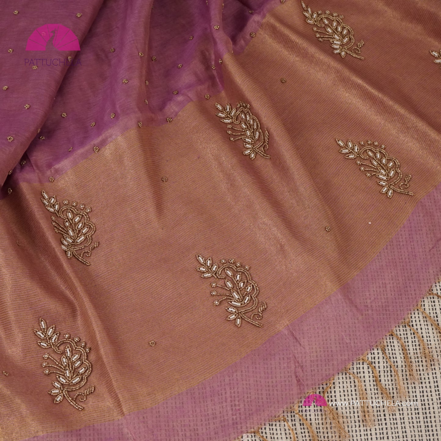 Organic Tissue Linen Saree in Pastel Lavender Color with Hand Embroidery