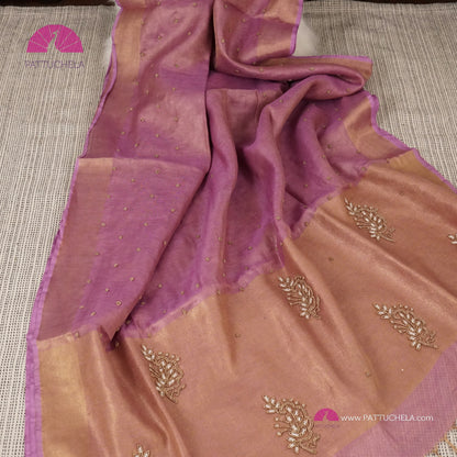 Organic Tissue Linen Saree in Pastel Lavender Color with Hand Embroidery