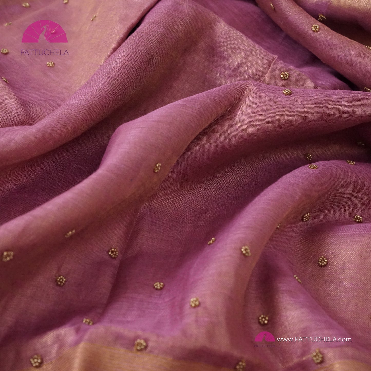 Organic Tissue Linen Saree in Pastel Lavender Color with Hand Embroidery