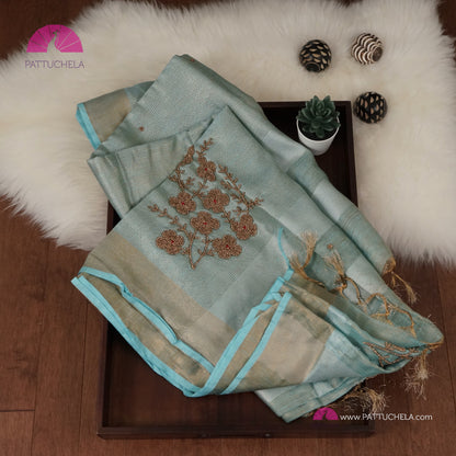 Organic Polka Dotted Pastel Blue Tissue Linen Saree with Hand embroidery