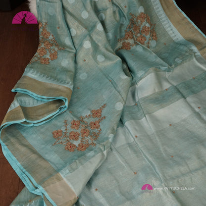 Organic Polka Dotted Pastel Blue Tissue Linen Saree with Hand embroidery