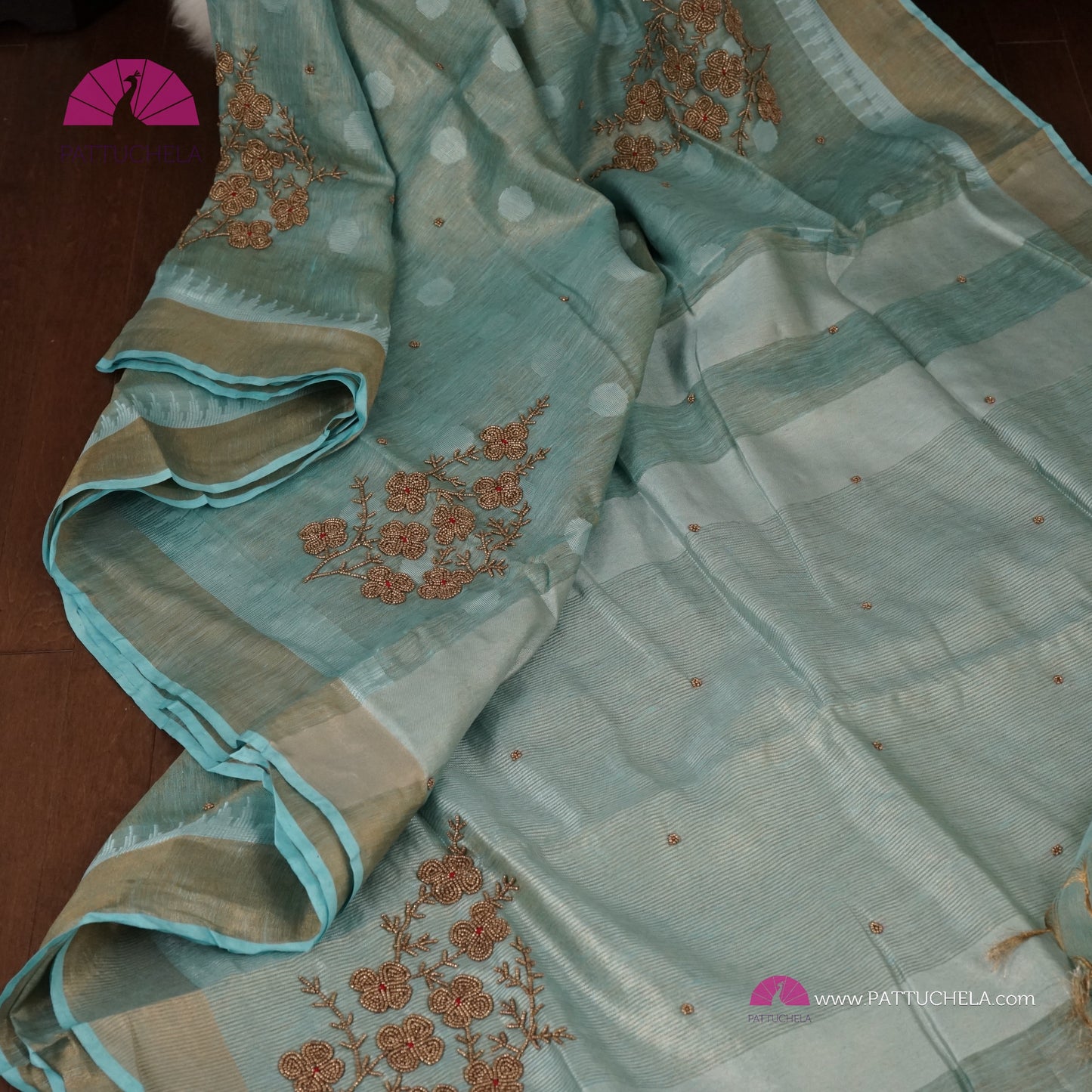 Organic Polka Dotted Pastel Blue Tissue Linen Saree with Hand embroidery