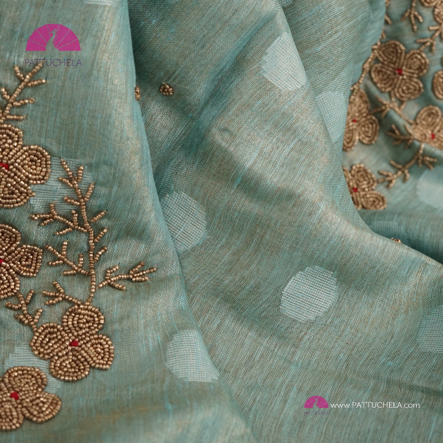 Organic Polka Dotted Pastel Blue Tissue Linen Saree with Hand embroidery