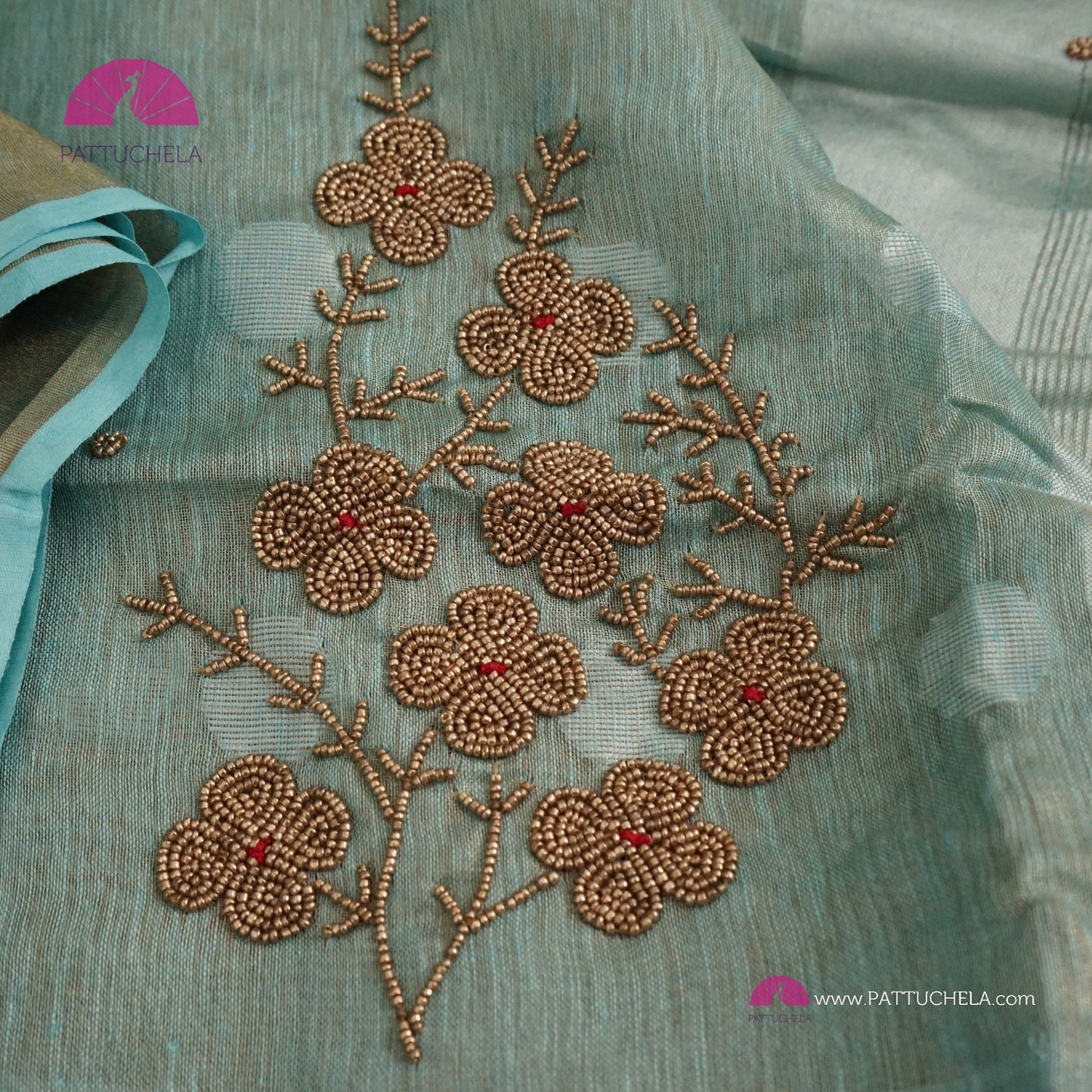 Organic Polka Dotted Pastel Blue Tissue Linen Saree with Hand embroidery