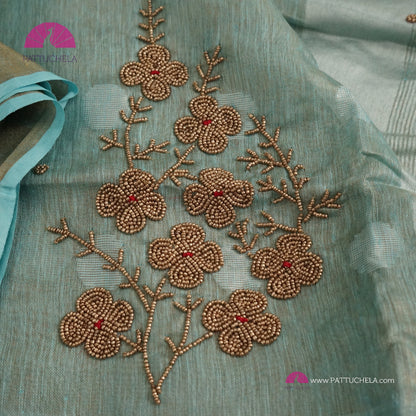 Organic Polka Dotted Pastel Blue Tissue Linen Saree with Hand embroidery