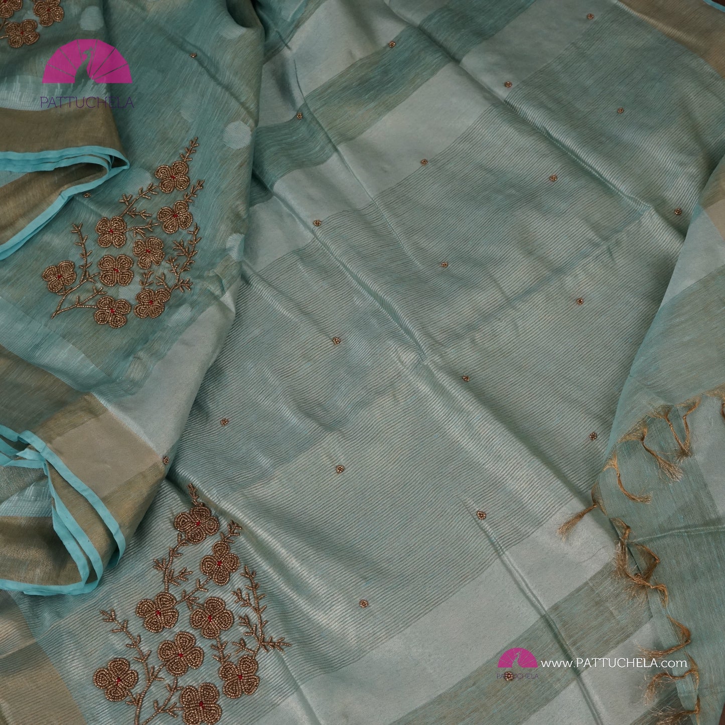 Organic Polka Dotted Pastel Blue Tissue Linen Saree with Hand embroidery