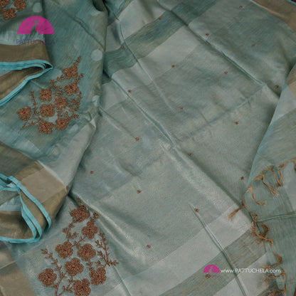 Organic Polka Dotted Pastel Blue Tissue Linen Saree with Hand embroidery