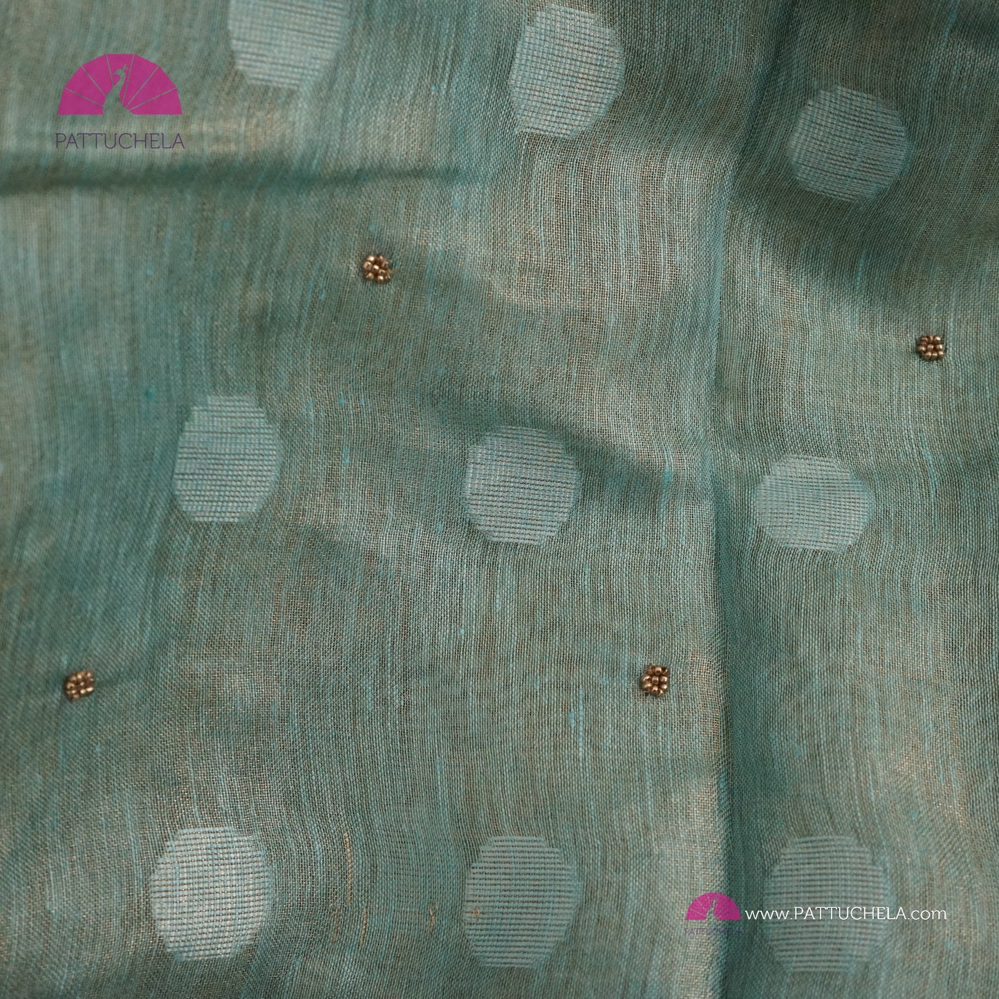 Organic Polka Dotted Pastel Blue Tissue Linen Saree with Hand embroidery