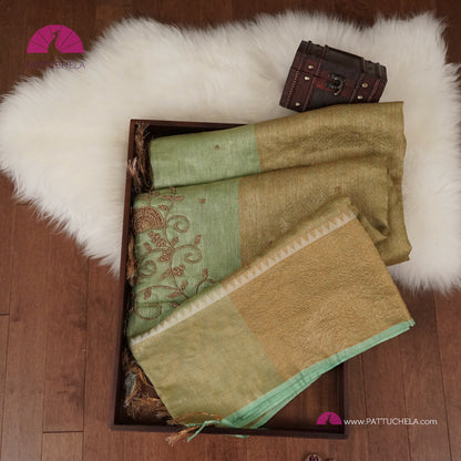 Pastel Pistachio Green Organic Tissue Linen Saree with Hand Embroidery