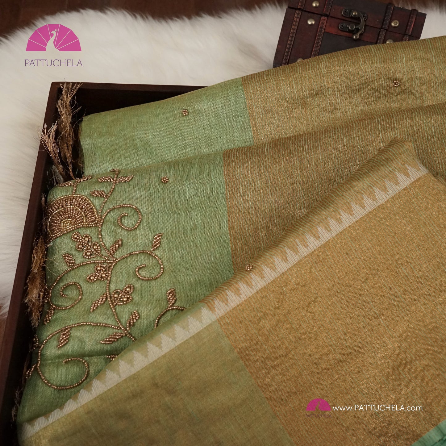 Pastel Pistachio Green Organic Tissue Linen Saree with Hand Embroidery