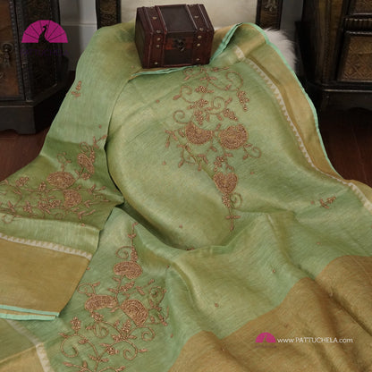 Pastel Pistachio Green Organic Tissue Linen Saree with Hand Embroidery