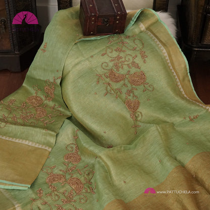 Pastel Pistachio Green Organic Tissue Linen Saree with Hand Embroidery