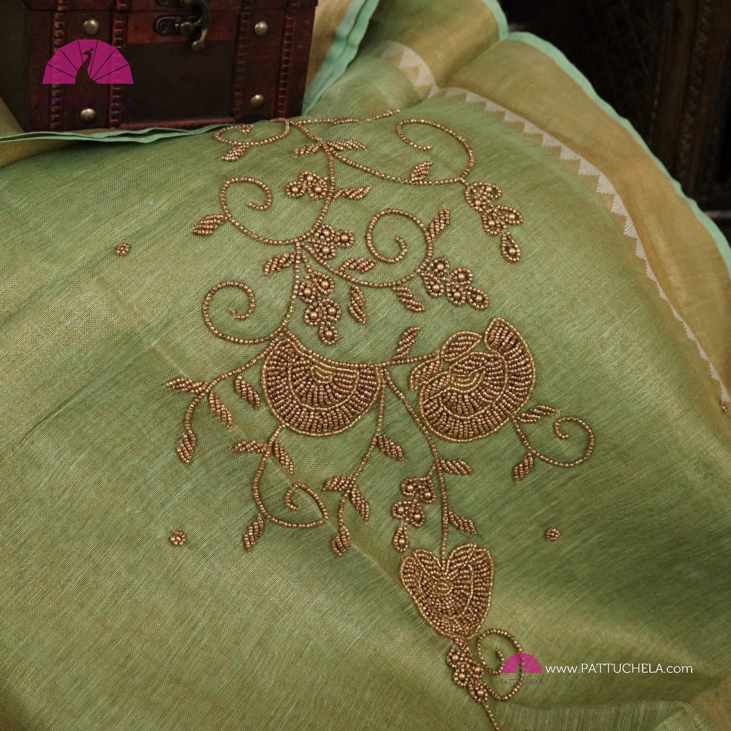 Pastel Pistachio Green Organic Tissue Linen Saree with Hand Embroidery