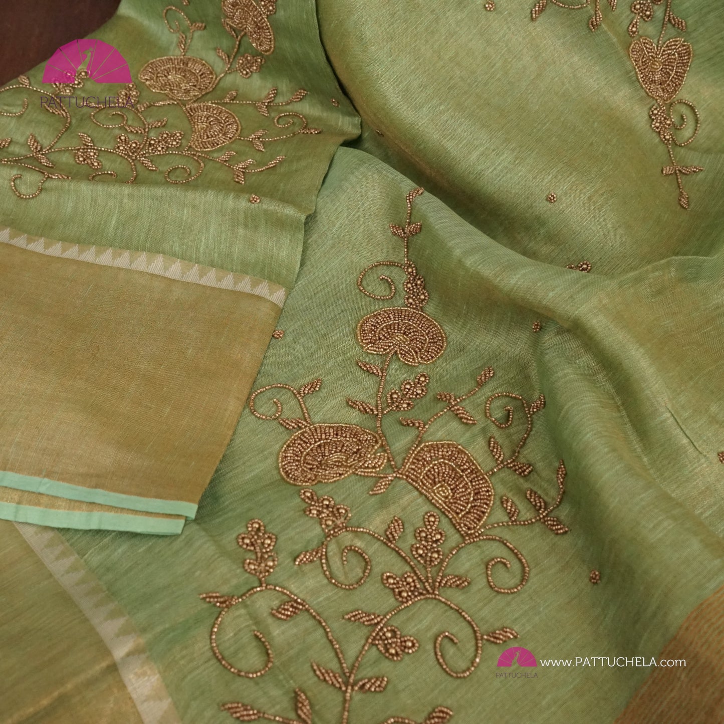 Pastel Pistachio Green Organic Tissue Linen Saree with Hand Embroidery