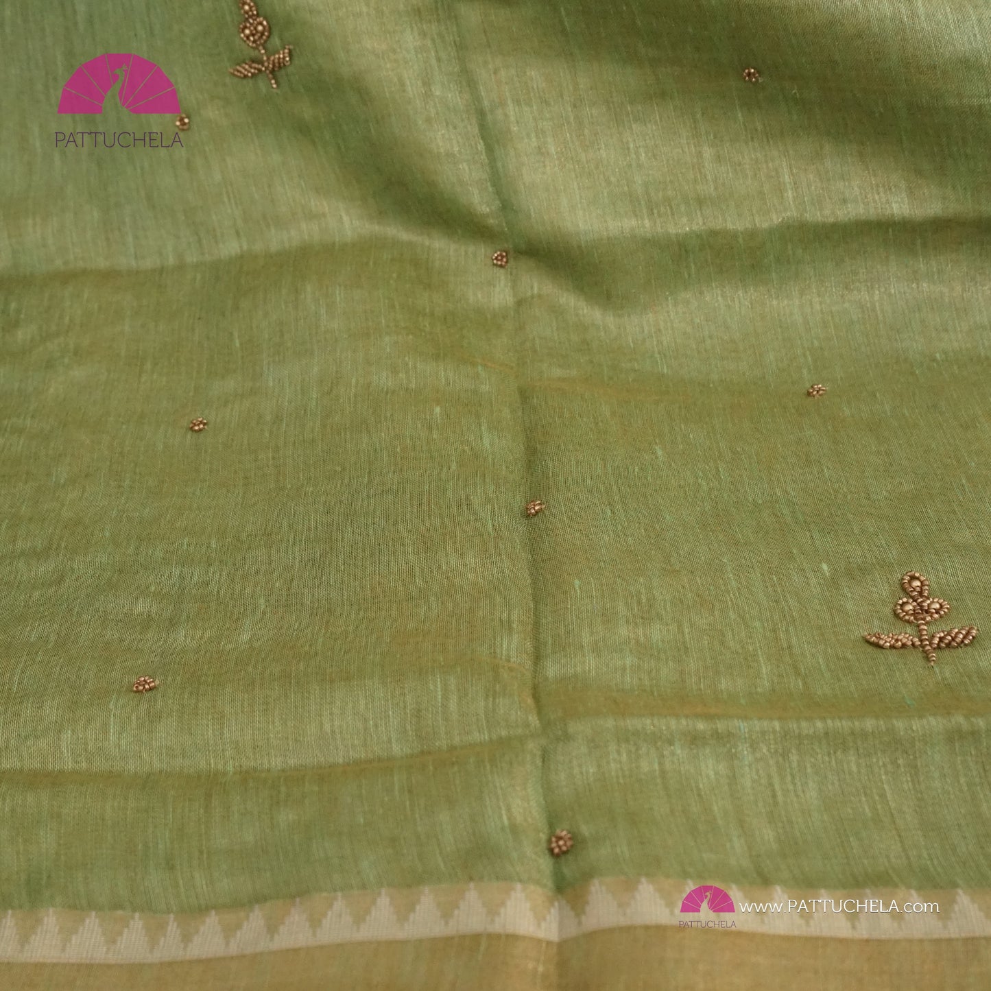 Pastel Pistachio Green Organic Tissue Linen Saree with Hand Embroidery