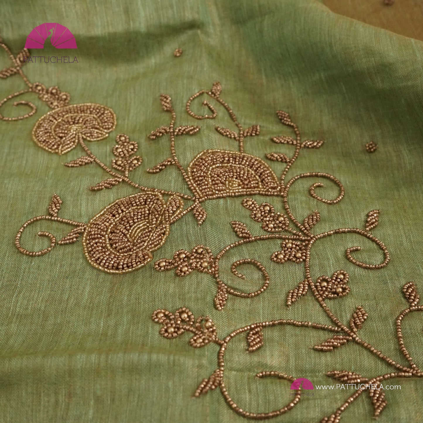 Pastel Pistachio Green Organic Tissue Linen Saree with Hand Embroidery