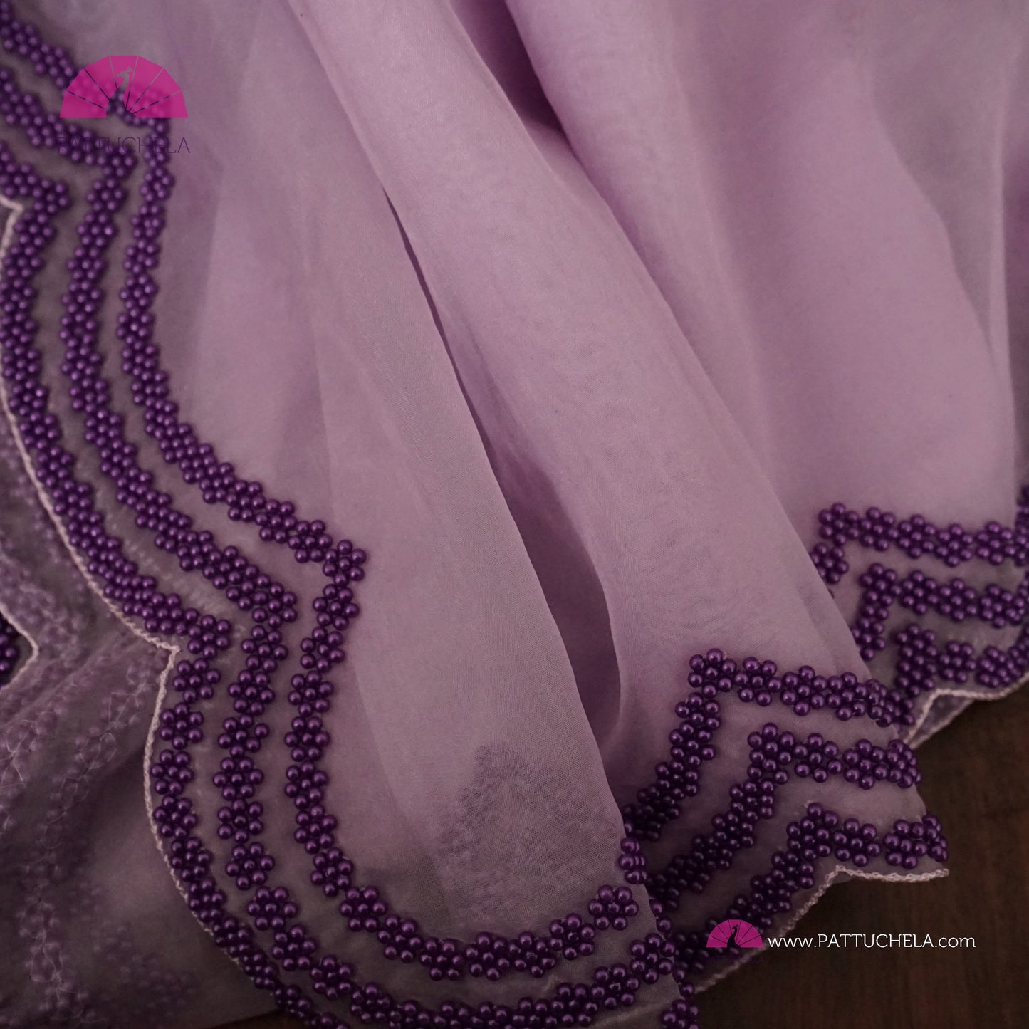 Lavender Organza Silk Saree with Scalloped Hand Embroidery Beads Border | Handwoven Silk | Designer & Party Wear | Organza Saree