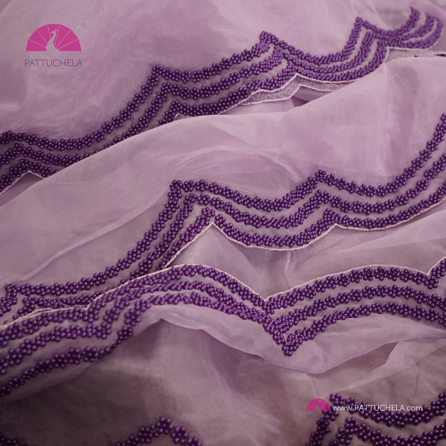 Lavender Organza Silk Saree with Scalloped Hand Embroidery Beads Border | Handwoven Silk | Designer & Party Wear | Organza Saree