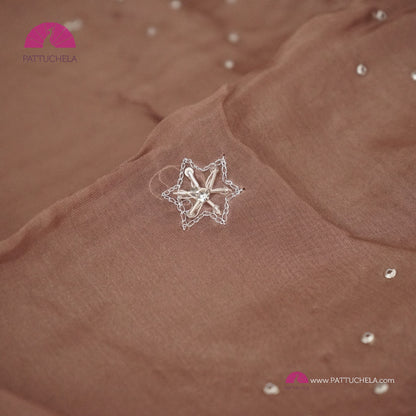 Caramel Brown Organza Silk Saree with Handwork Embroidery | Sequins, Zardosi and Thread Embellishments | Handwoven Silk | Designer & Party Wear | Organza Saree