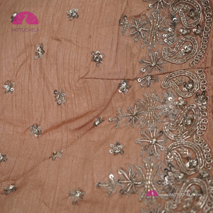 Caramel Brown Organza Silk Saree with Handwork Embroidery | Sequins, Zardosi and Thread Embellishments | Handwoven Silk | Designer & Party Wear | Organza Saree