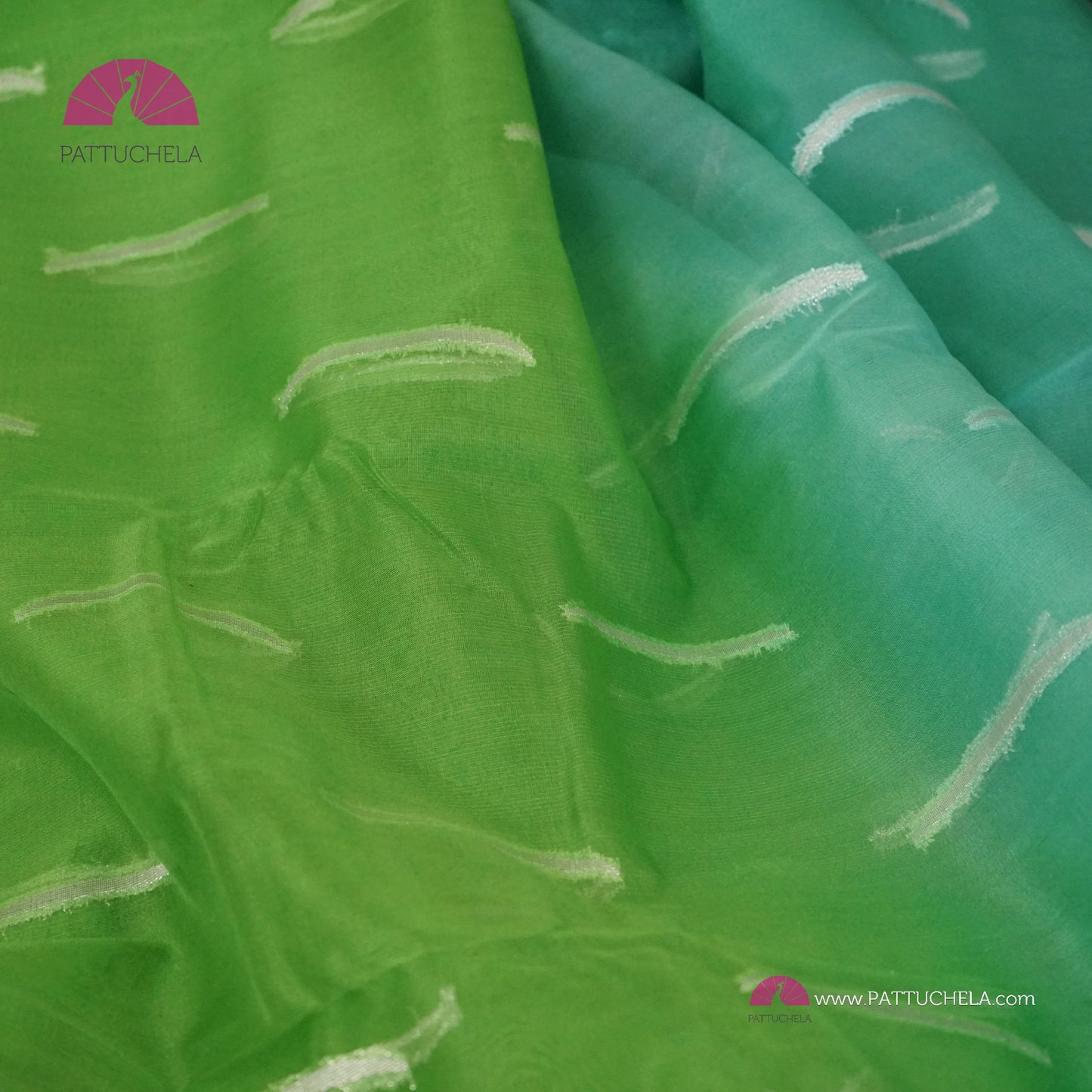 Aqua Blue and Parrot Green Ombre Shaded Banarasi Semi Kora Silk Saree with Temple Border