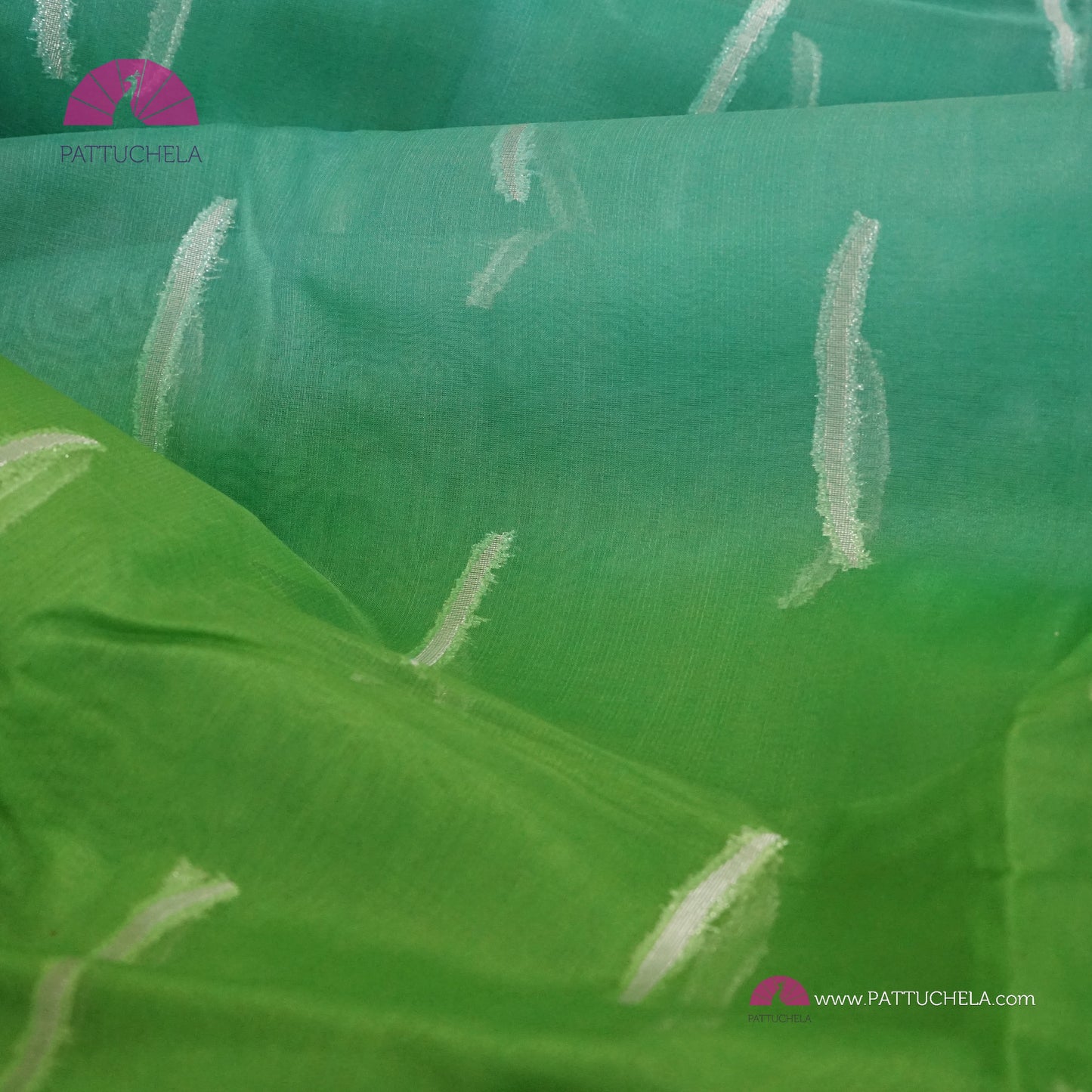 Aqua Blue and Parrot Green Ombre Shaded Banarasi Semi Kora Silk Saree with Temple Border