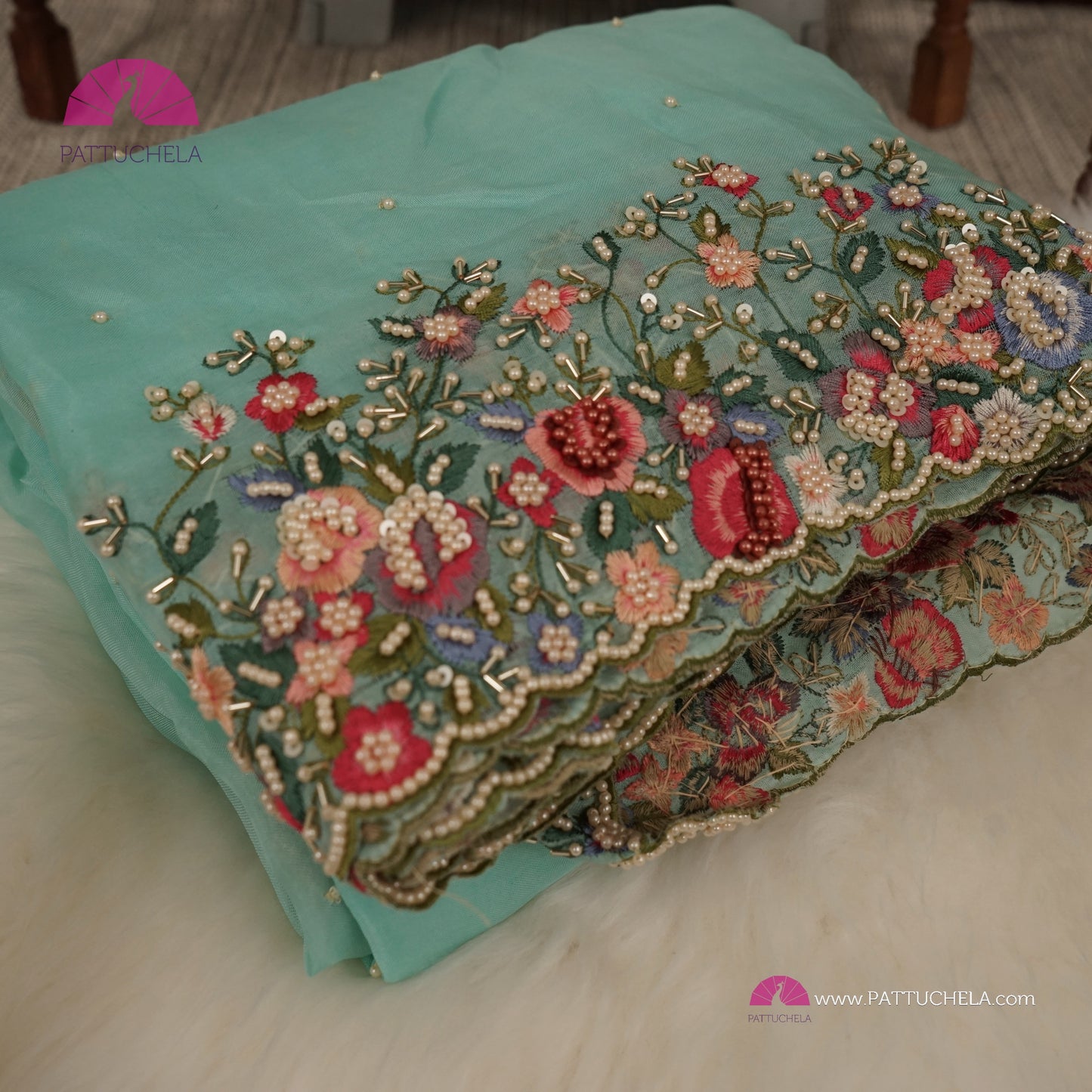 Turquoise Organza Silk Saree with Handwork Embroidery | Beads, Sequins, Zardosi and Thread Embellishments | Handwoven Silk | Designer & Party Wear | Organza Saree