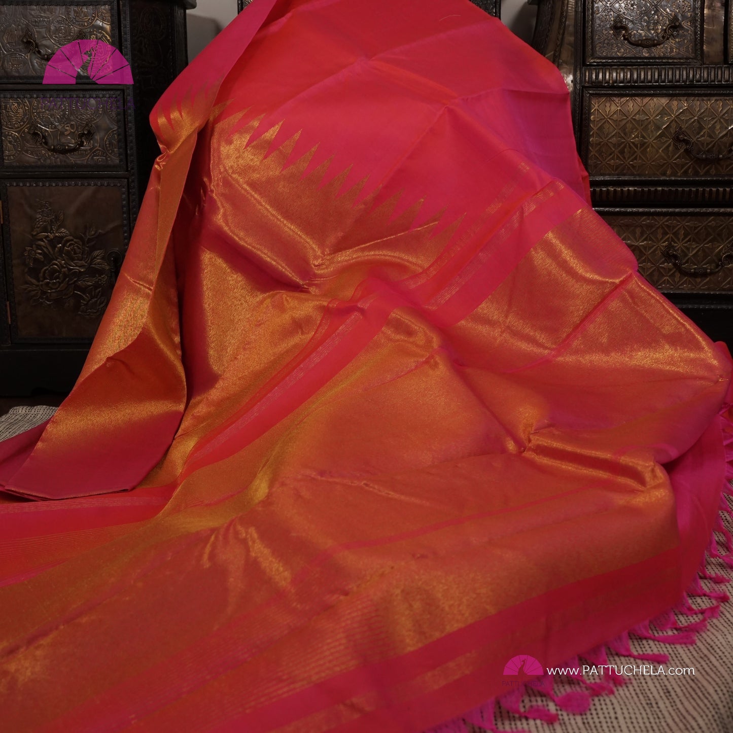 Pink Peach Kanchipuram Vidhya Balan Style Rising Temple Border Handloom SILK MARK CERTIFIED Saree