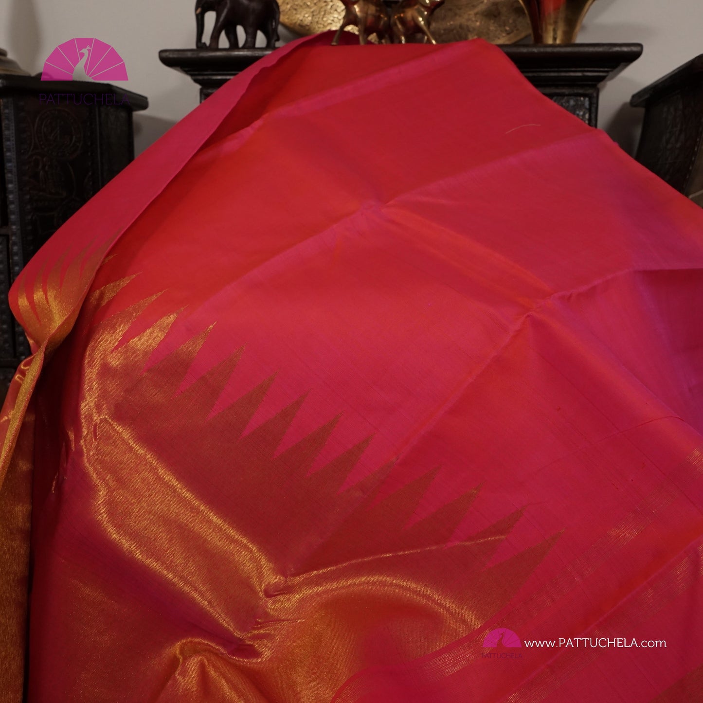 Pink Peach Kanchipuram Vidhya Balan Style Rising Temple Border Handloom SILK MARK CERTIFIED Saree