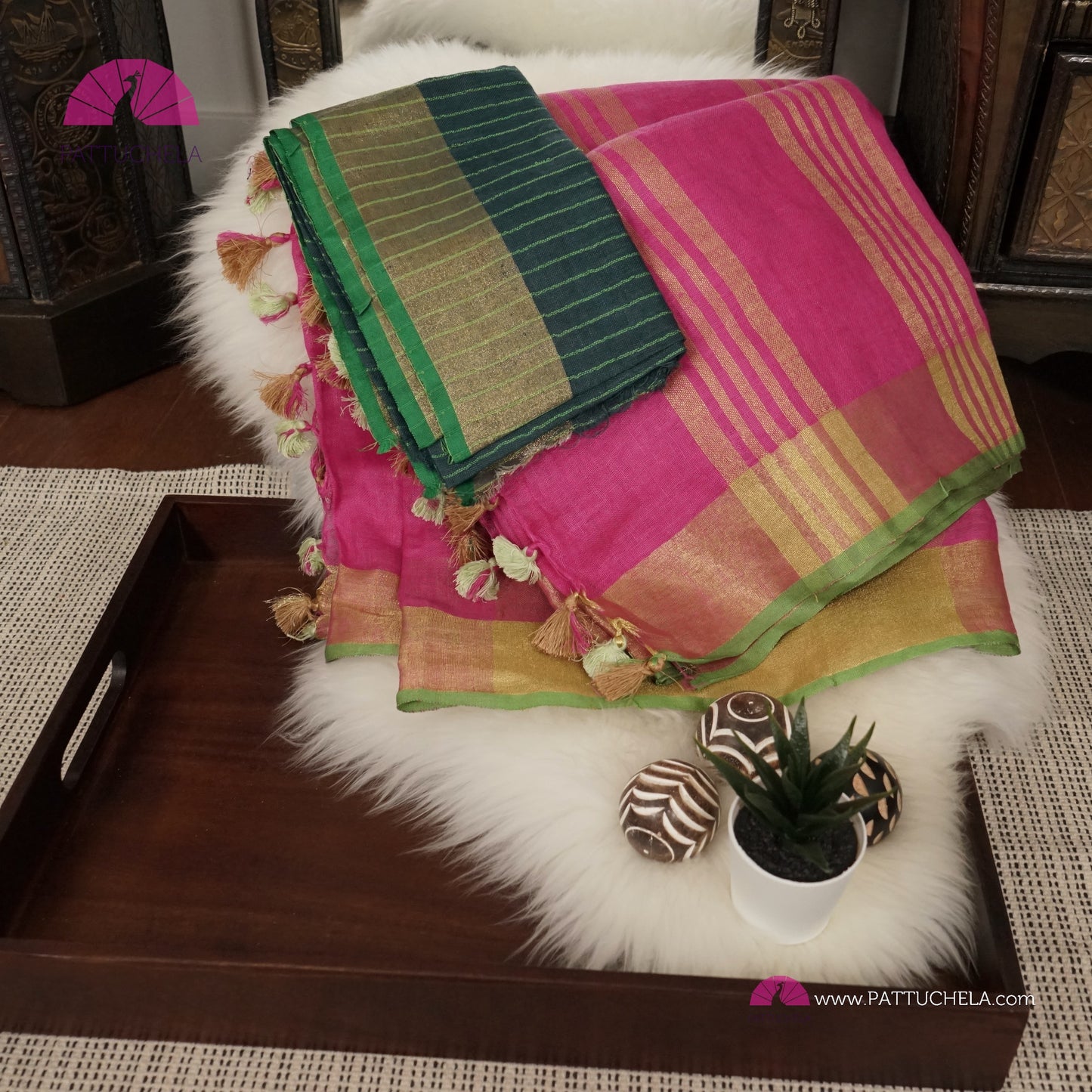 Pretty Pink Organic Linen Saree with Green and Gold Zari Border