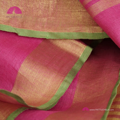 Pretty Pink Organic Linen Saree with Green and Gold Zari Border
