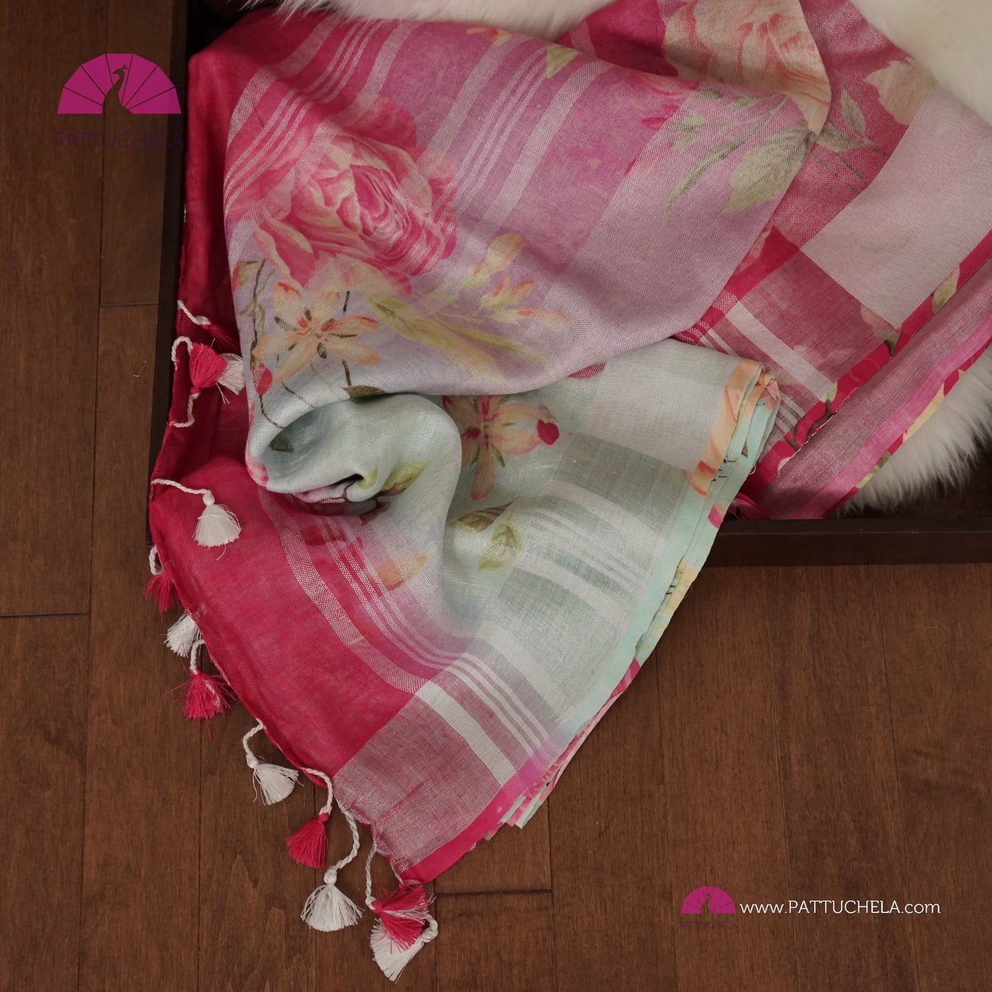 Beautiful Digital Printed dual tone Organic Linen Sari in floral prints