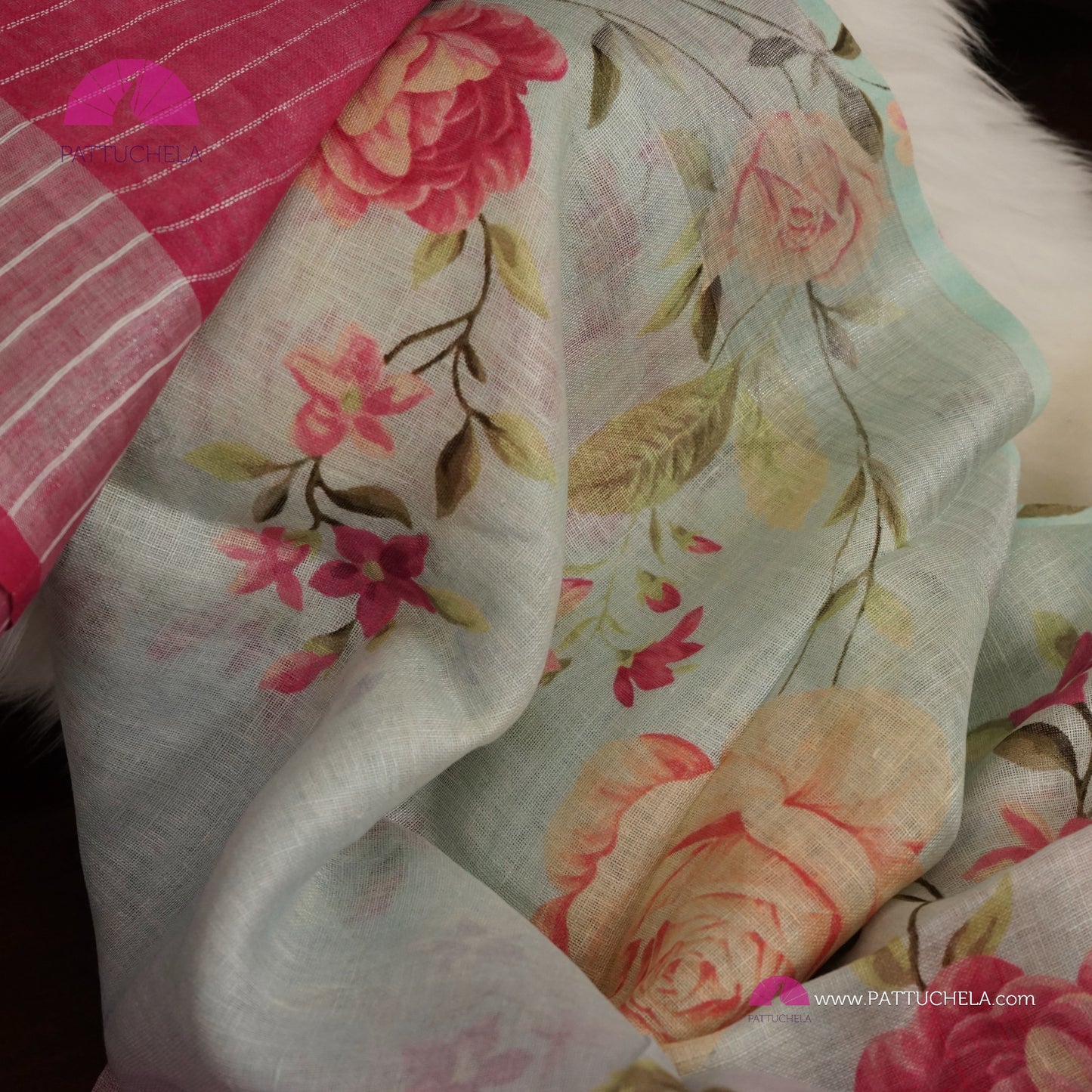 Beautiful Digital Printed dual tone Organic Linen Sari in floral prints