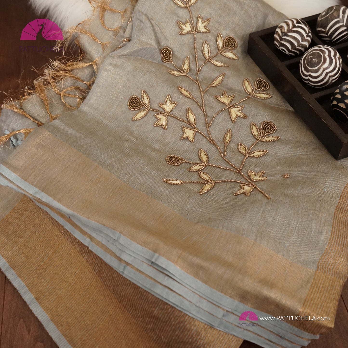 Organic Tissue Linen Saree in Grey with Hand Embroidery