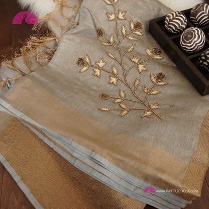 Organic Tissue Linen Saree in Grey with Hand Embroidery