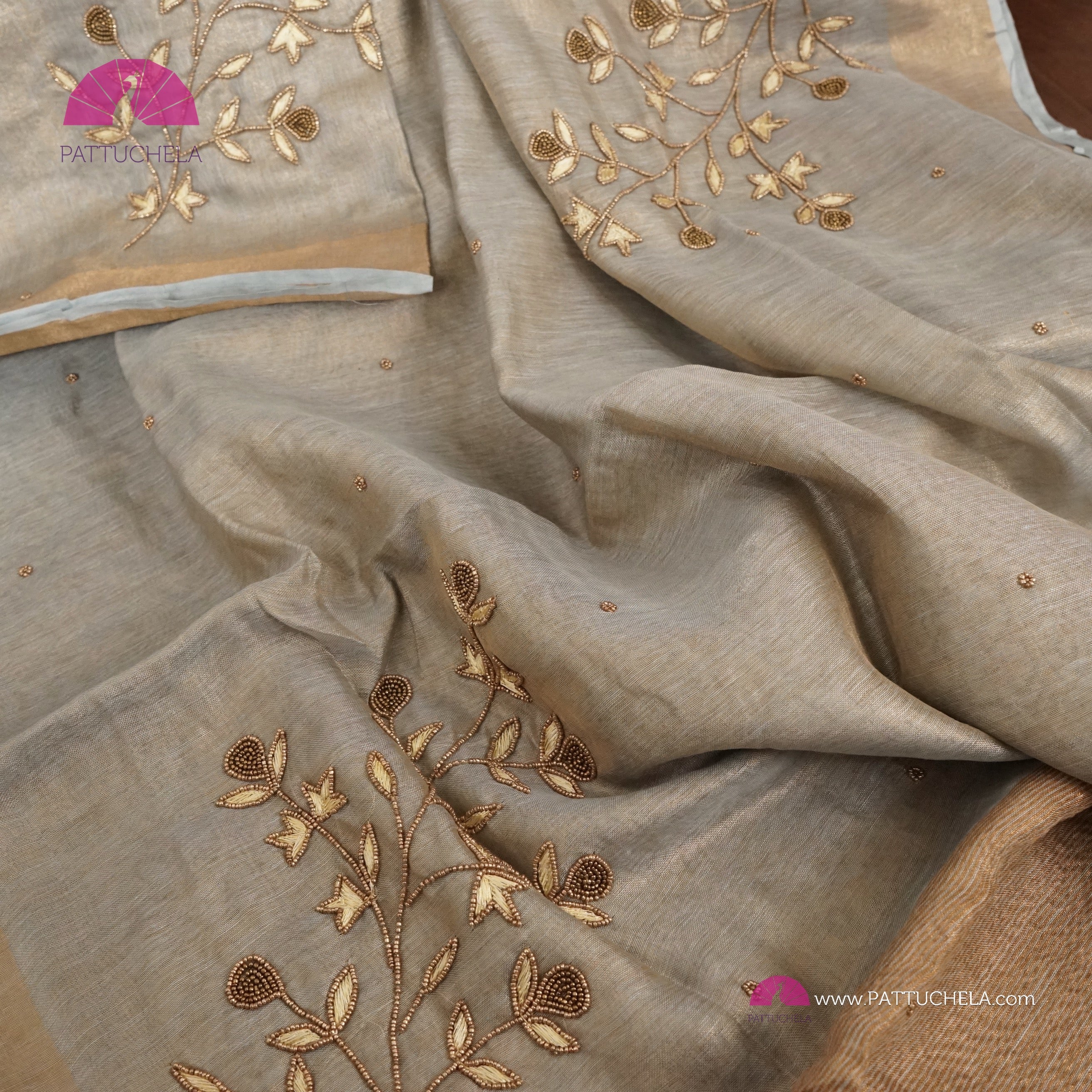 Linen Floral Printed White Saree | Kankatala