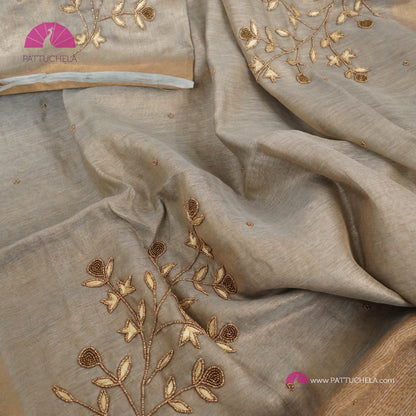 Organic Tissue Linen Saree in Grey with Hand Embroidery