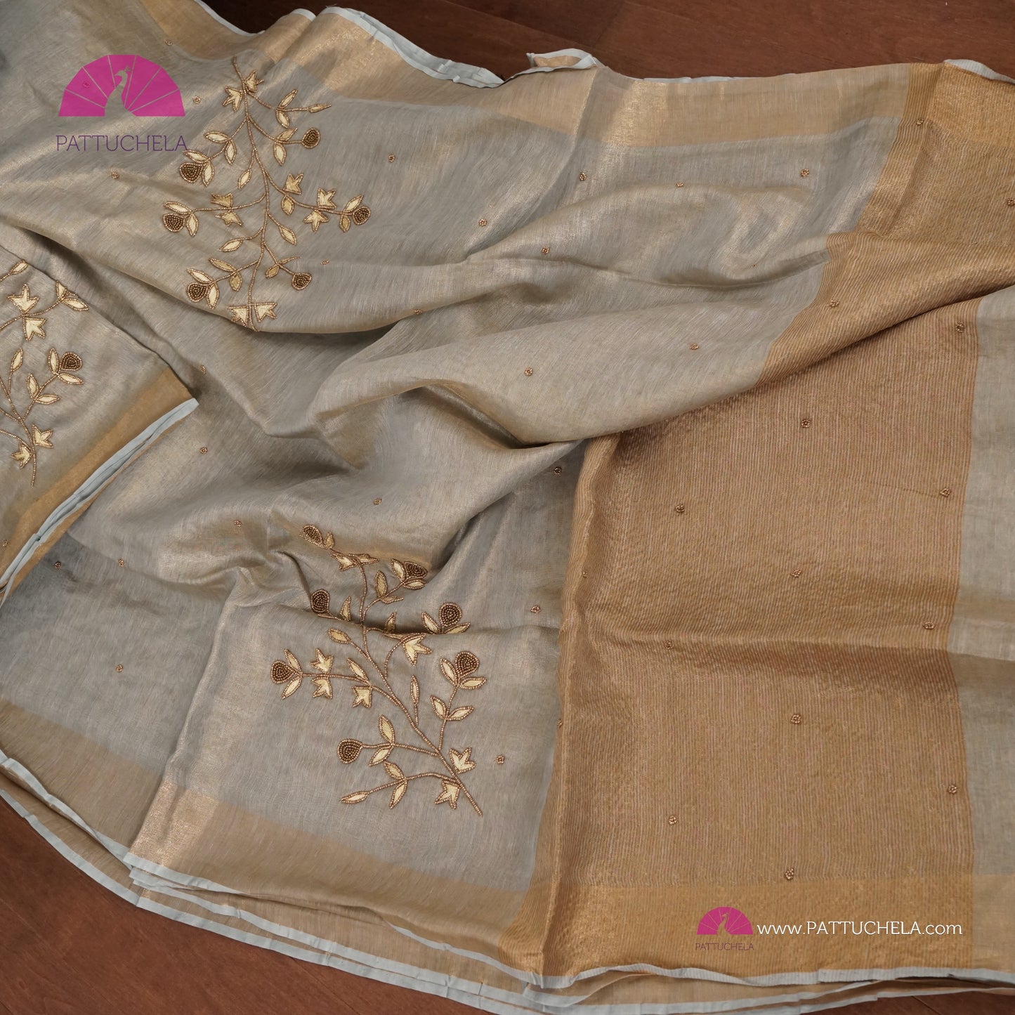 Organic Tissue Linen Saree in Grey with Hand Embroidery