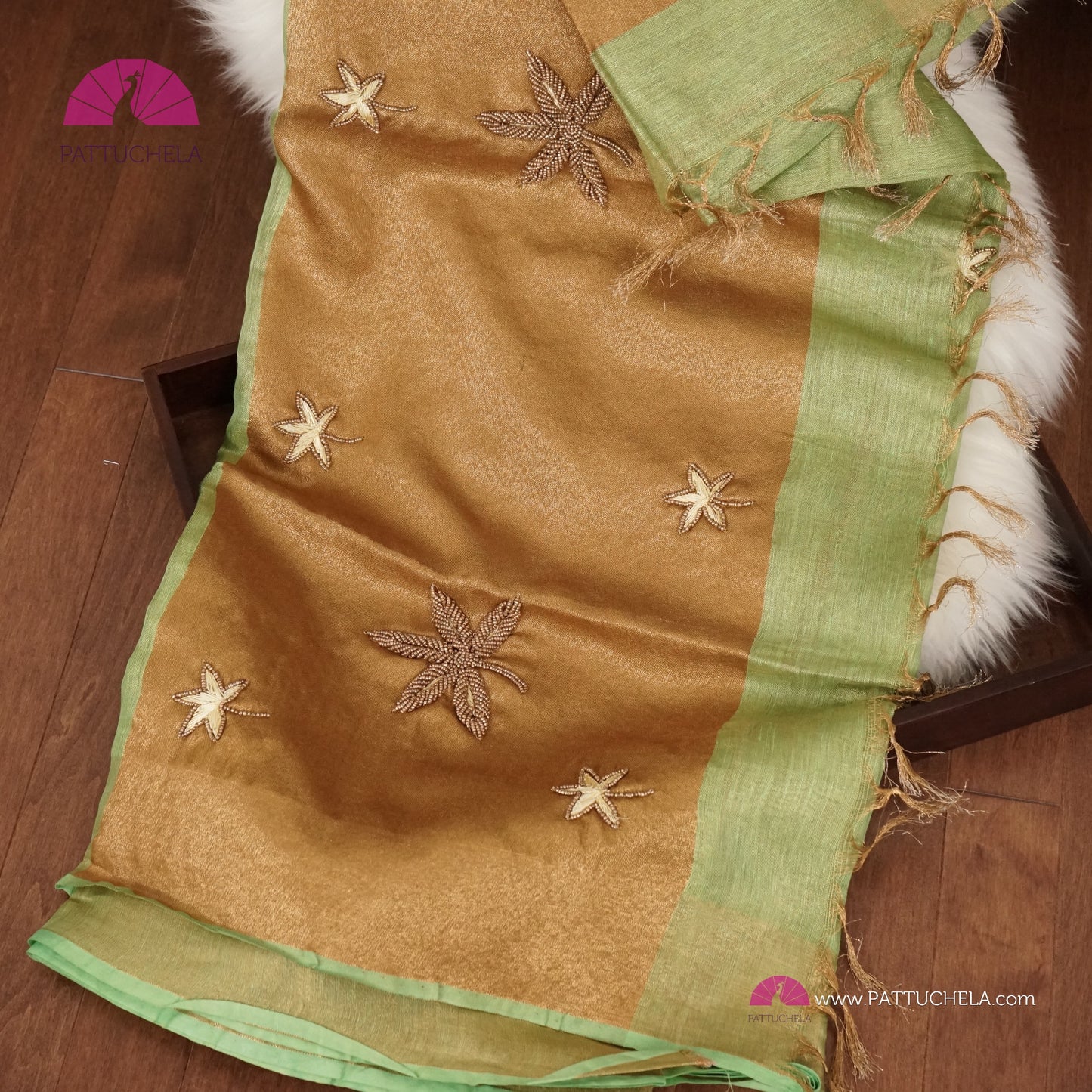 Organic Pastel Lime Green Tissue Linen Saree with Hand embroidery