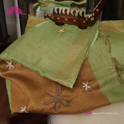 Organic Pastel Lime Green Tissue Linen Saree with Hand embroidery