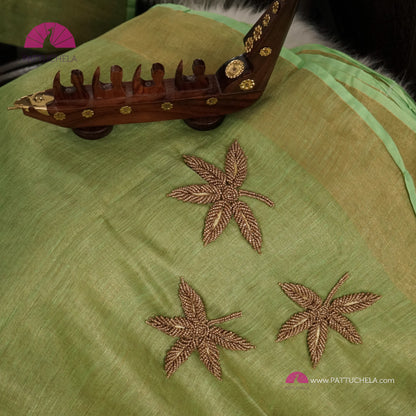 Organic Pastel Lime Green Tissue Linen Saree with Hand embroidery