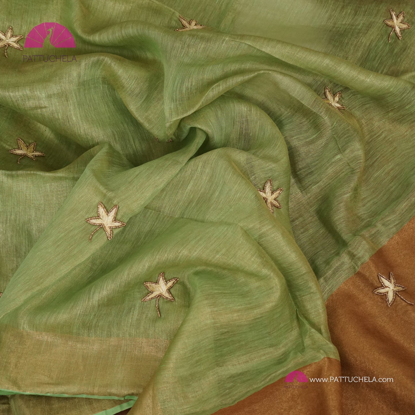 Organic Pastel Lime Green Tissue Linen Saree with Hand embroidery