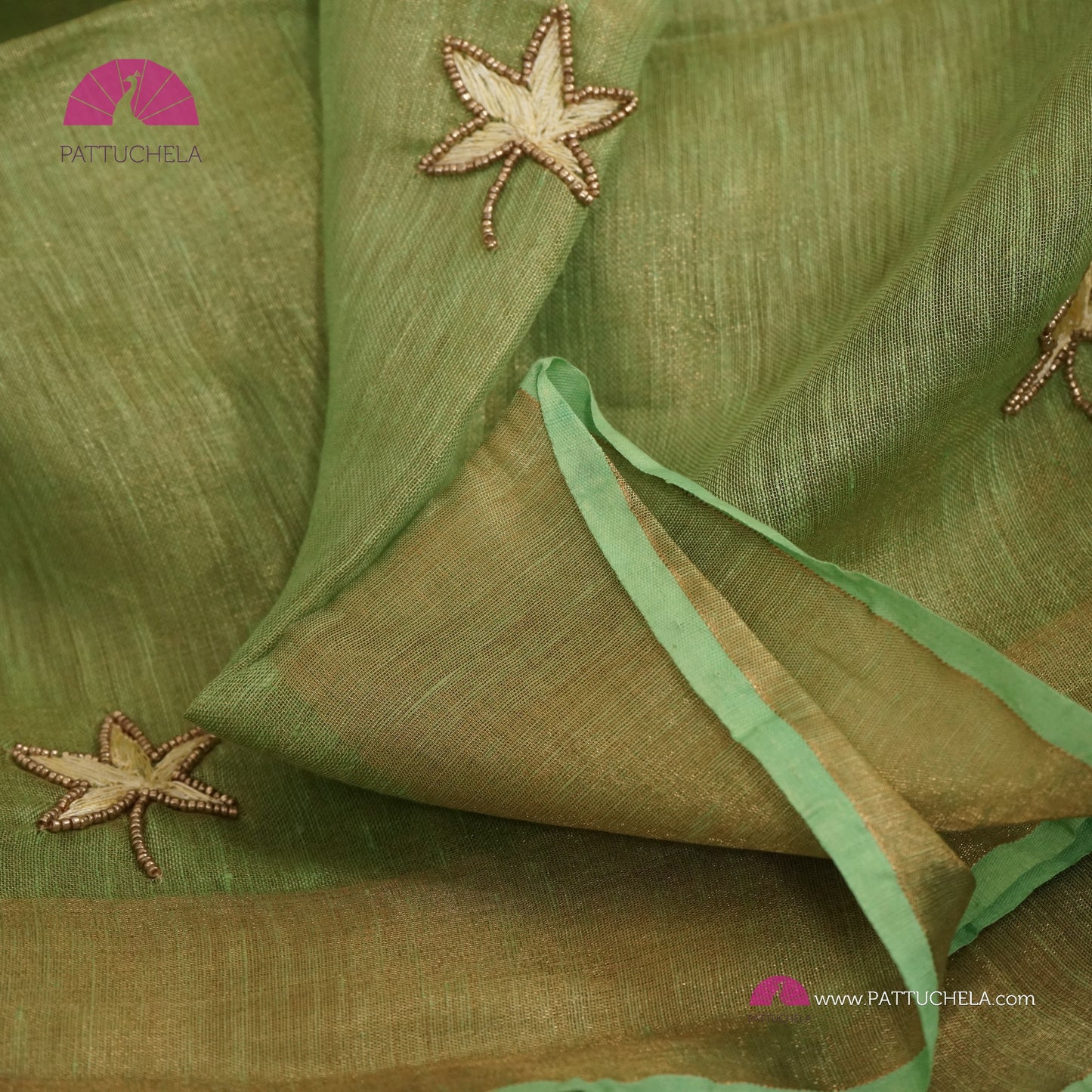 Organic Pastel Lime Green Tissue Linen Saree with Hand embroidery