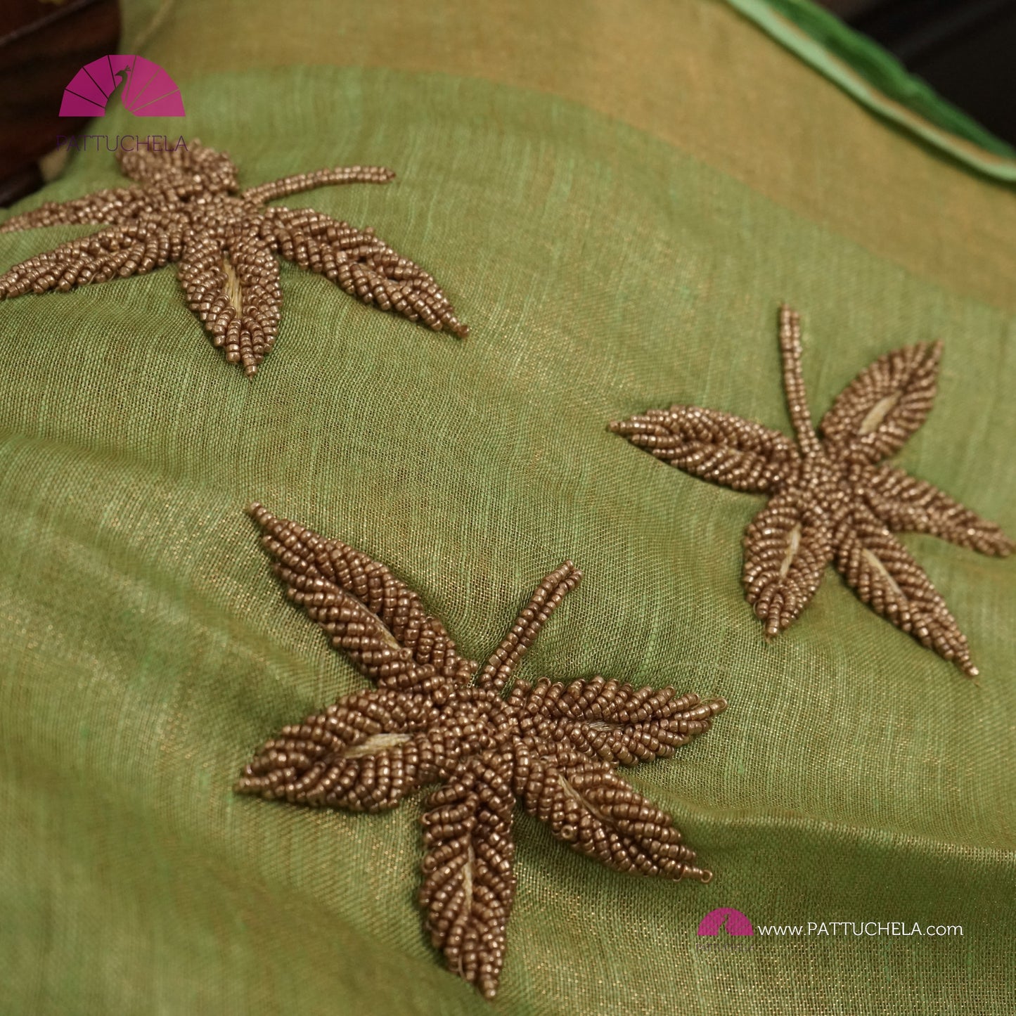 Organic Pastel Lime Green Tissue Linen Saree with Hand embroidery